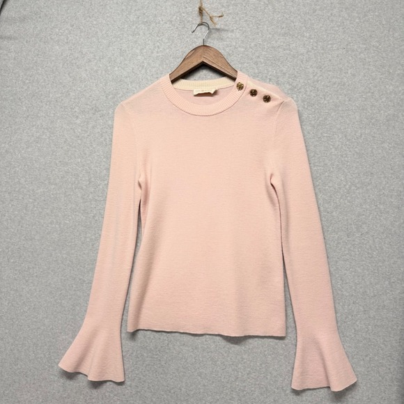 Tory Burch Kimberly Sweater Women S P Pink Merino Wool Bell Sleeve Gold Button - Picture 3 of 13